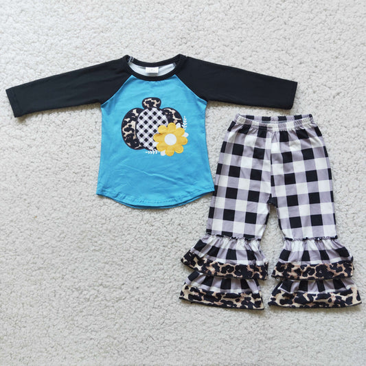 6 A2-17 Pumpkin Top Plaid Ruffle Pants Girls Fall Clothes Set