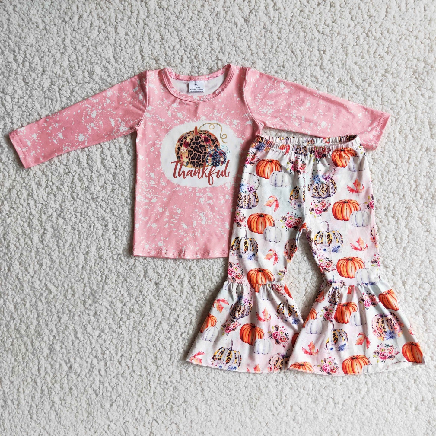 6 A2-3 Pumpkin Thankful Pink Top Flowers Bell Pants Girls Clothes Set