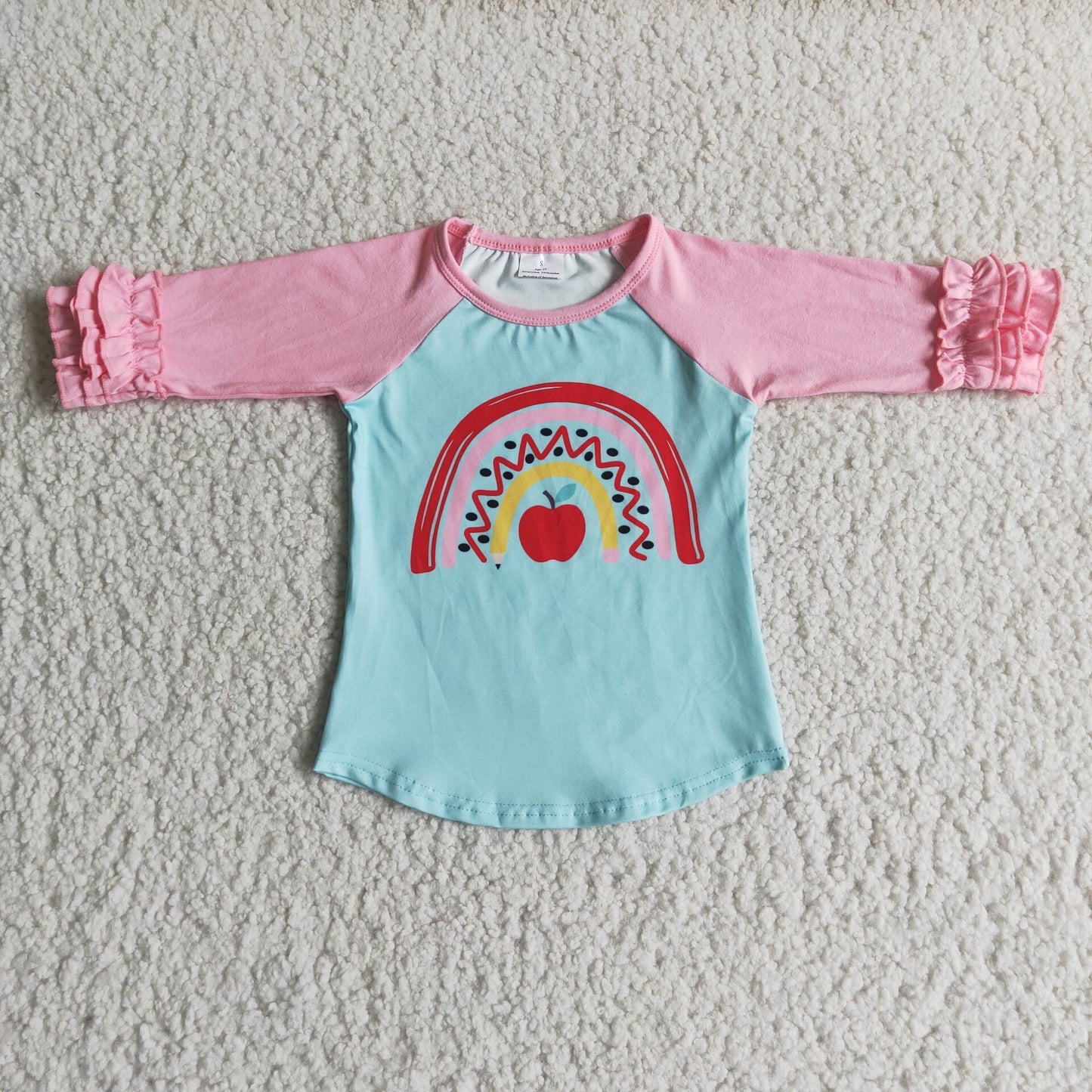 6 A20-19 Apple Pen Rainbow Print Girls Back to School Tee Shirts Top