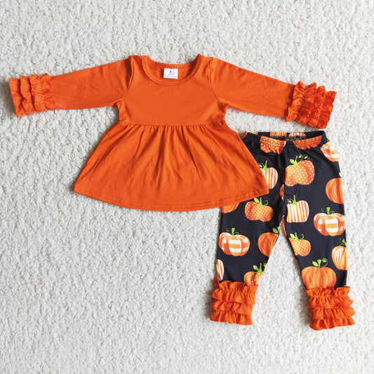 6 A21-12 Orange Tunic Top Pumpkin Legging Pants Girls Fall Clothes Set