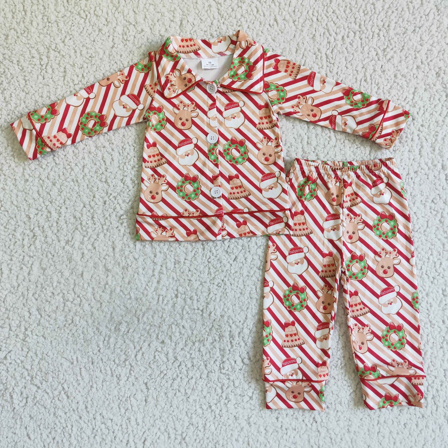 (Promotion)6 A22-19 Santa Stripes Print Boys Christmas Buttons Pajamas Clothes Set