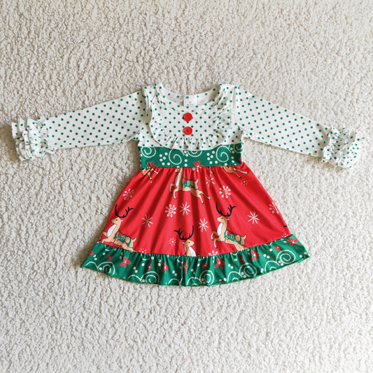 6 A26-14 Deer Green Dots Print Girls Christmas Ruffle Dress