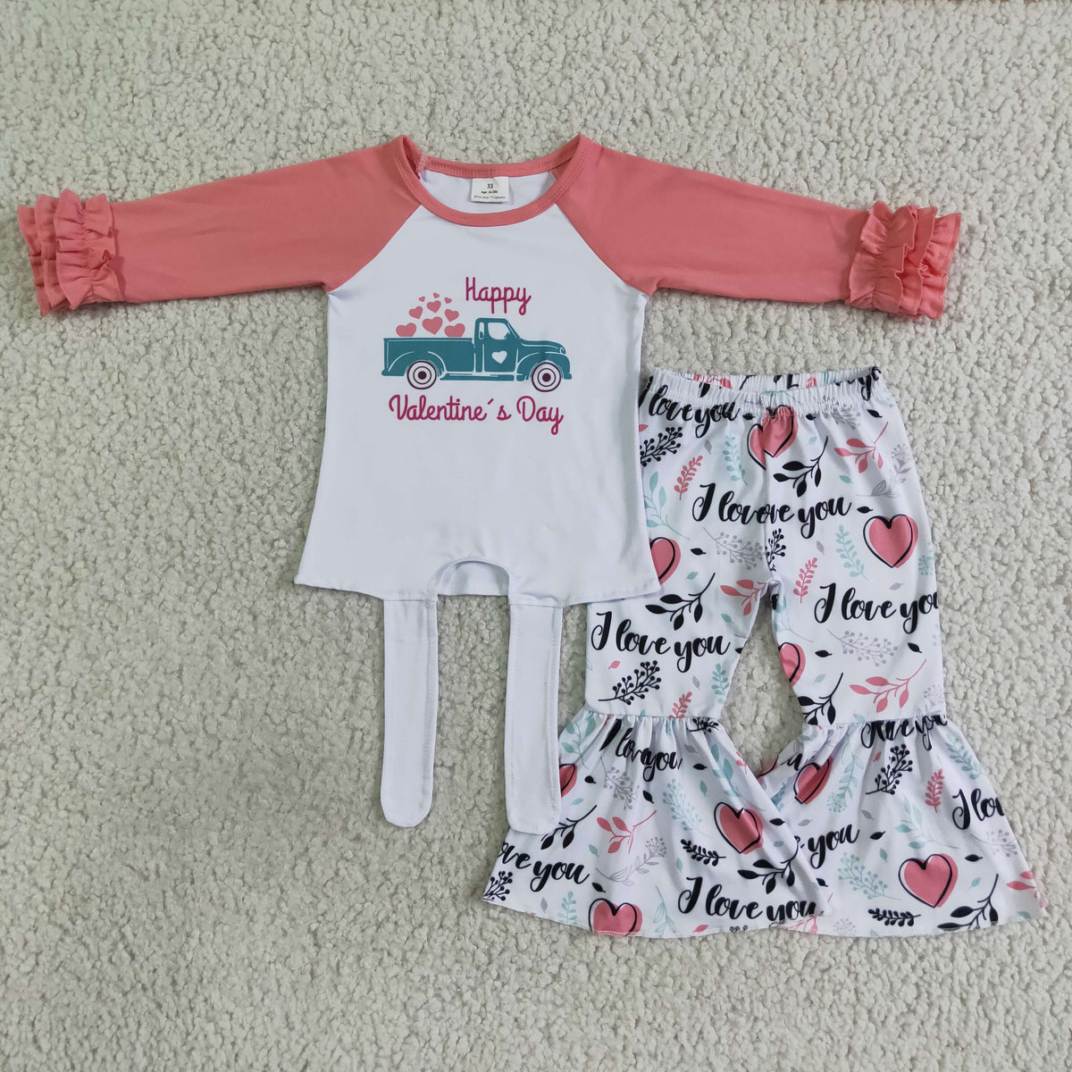 (Promotion)6 A27-27 Trucks Raglan Sleeve Top Hearts Bell Pants Girls Valentine's Day Clothes Set