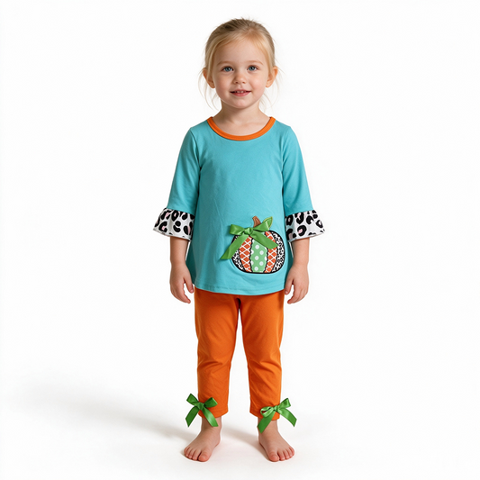 6 A3-12 Pumpkin Embroidery Blue Top Orange Capri Pants Girls Fall Clothes Set