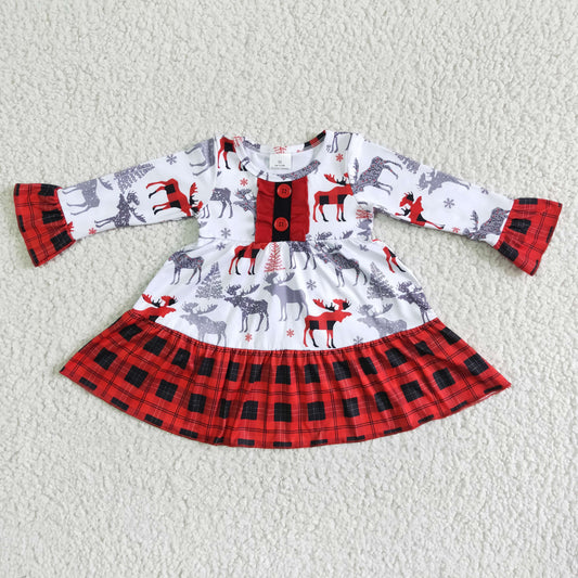 6 A30-11 Moose Print Girls Long Sleeve Ruffle Christmas Dress