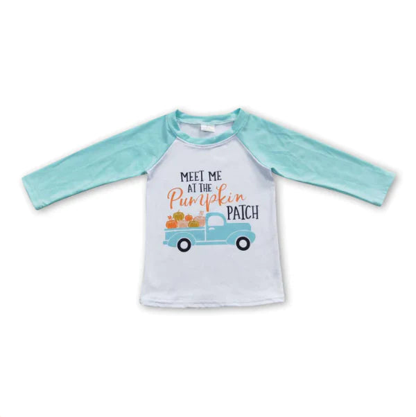 6 A32-3  Meet Me Pumpkin Tractor Boys Blue Long Sleeve Tee Shirts Tops