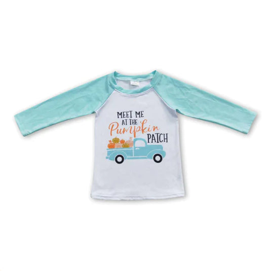 6 A32-3  Meet Me Pumpkin Tractor Boys Blue Long Sleeve Tee Shirts Tops