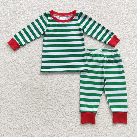 6 A8-11 Green Stripes Print Boys Christmas Pajamas Clothes Set