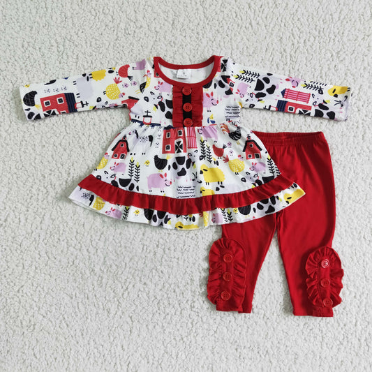 Farm Animals Ruffle Tunic Top Red Pants Girls Clothes Set  6 A8-17