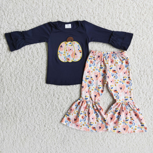 6 A9-15 Pumpkin Embroidery Navy Top Flowers Bell Pants Girls Fall Clothes Set