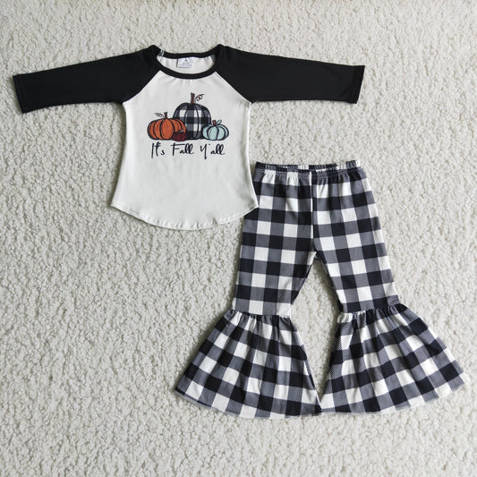 6 A9-29 It's Fall Y'all Pumpkin Top Black Plaid Pants Girls Clothes Set