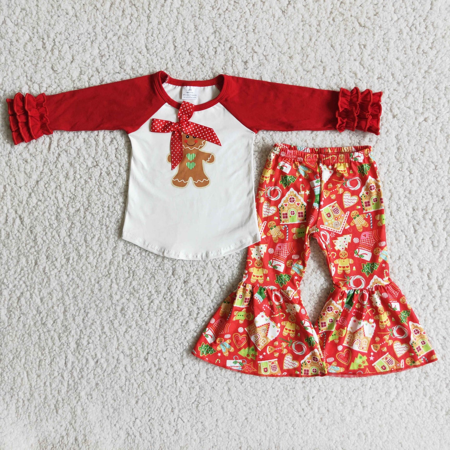 (Promotion) 6 B10-37 Gingerbread Top Red Bell Pants Girls Christmas Clothes Set