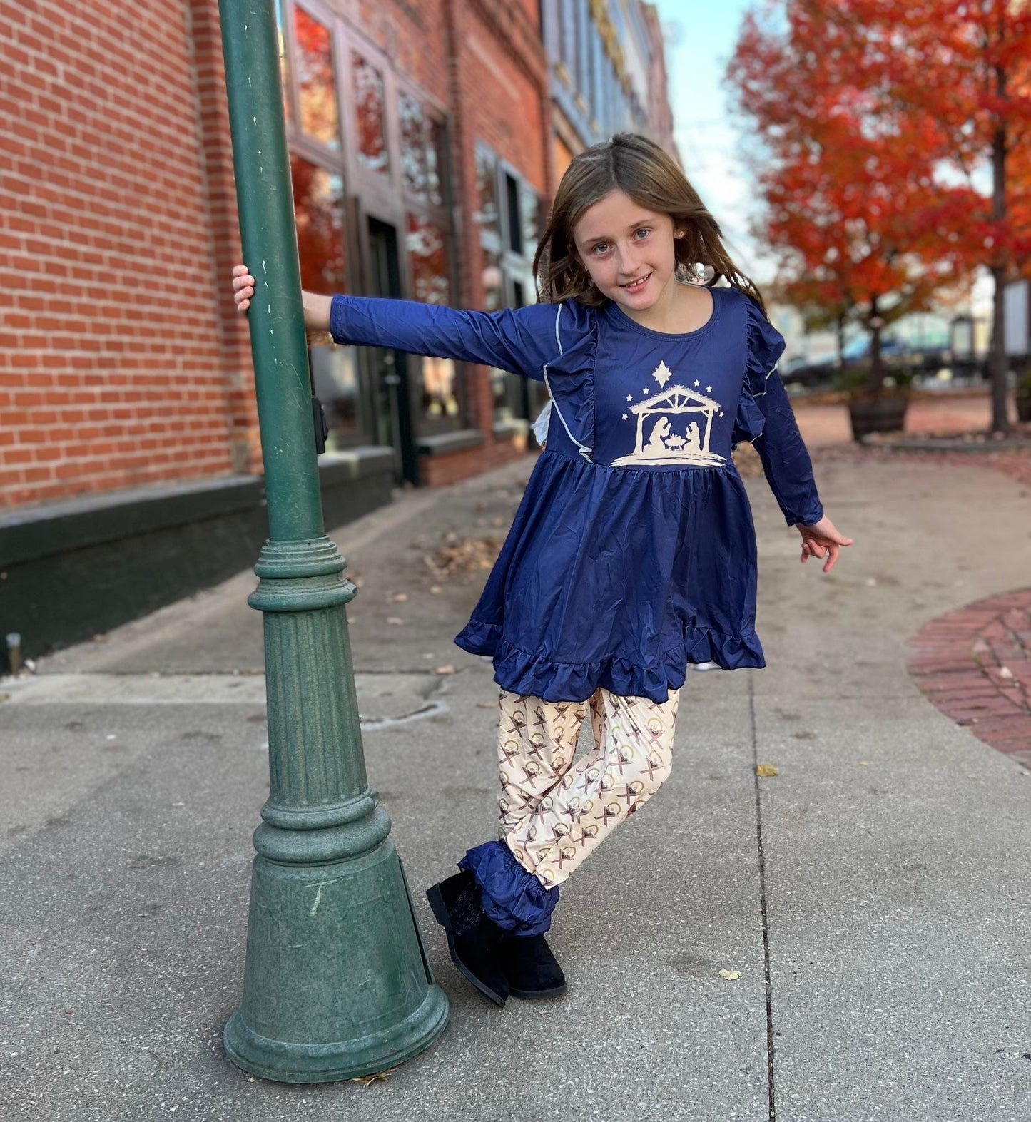 (Promotion)6 B11-25 Nativity Navy Tunic Top Ruffle Pants Girls Christmas Clothes Set