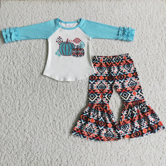 6 B11-39 Pumpkin Top Aztec Bell Pants Girls Fall Western Clothes Set