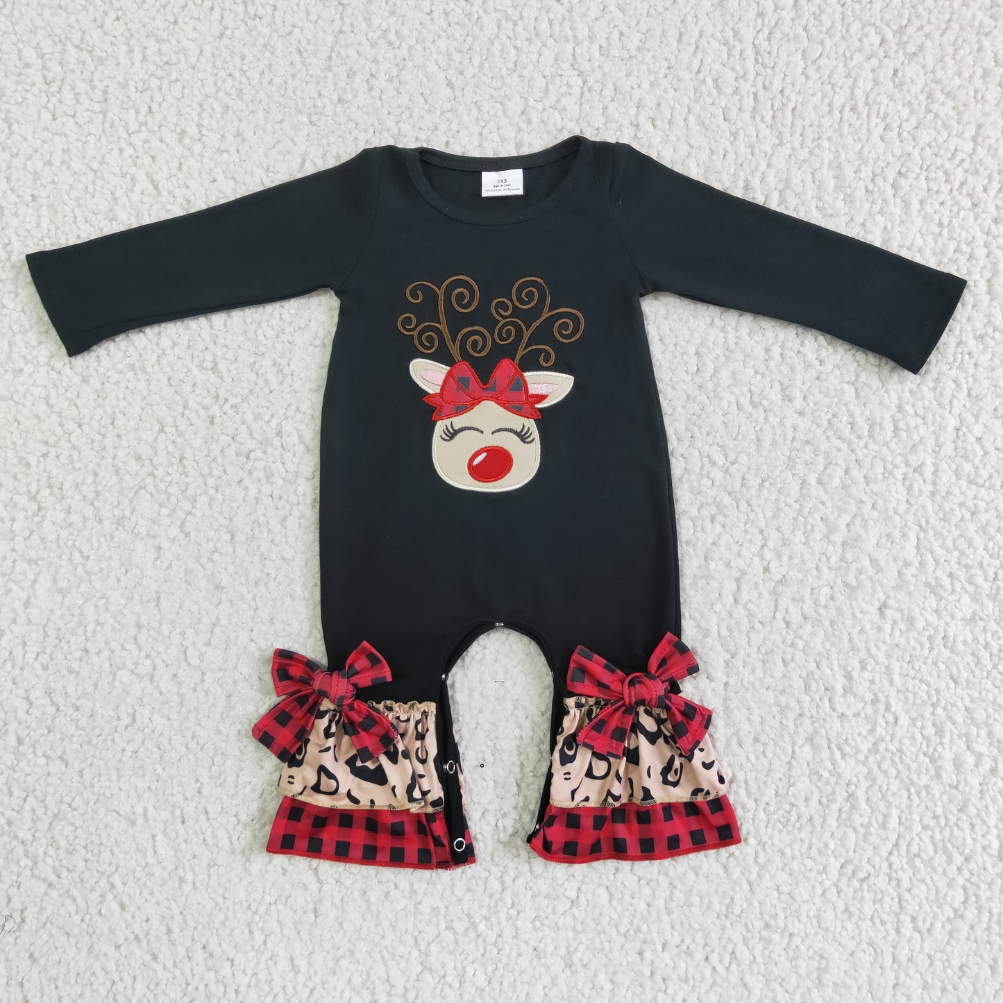 6 B11-9 Deer Embroidery Baby Girls Christmas Ruffle Romper