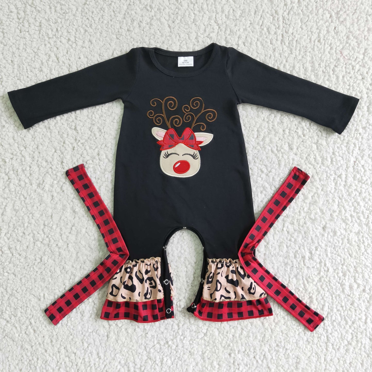 6 B11-9 Deer Embroidery Baby Girls Christmas Ruffle Romper