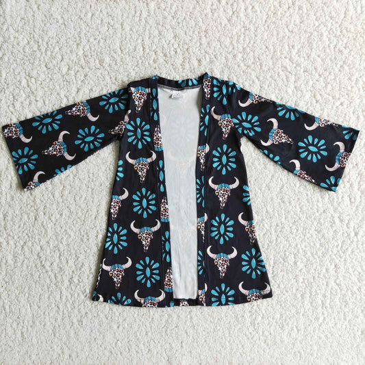 6 B4-14 Leopard Skull Turquoise Print Baby Girls Long Sleeve Cardigan