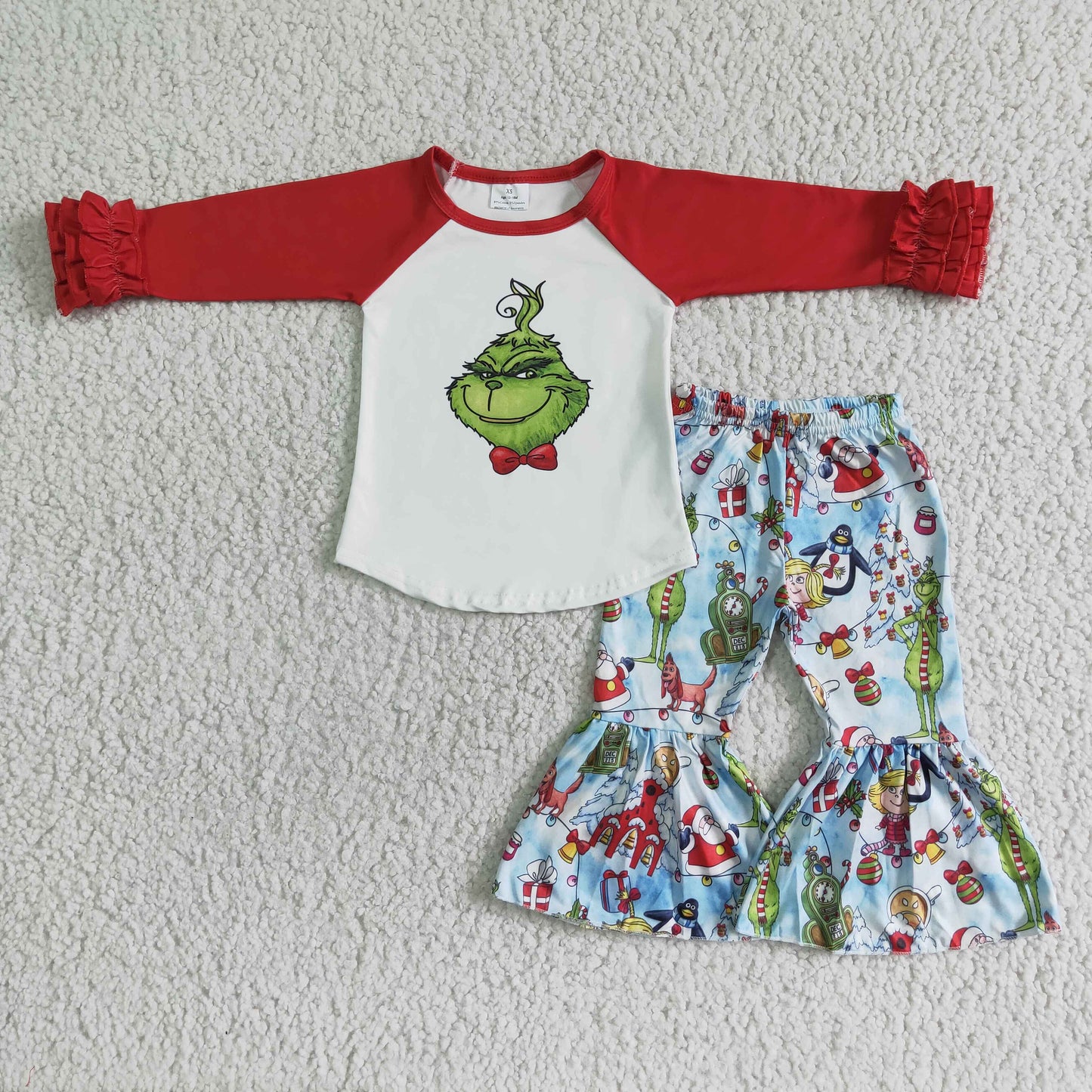 6 B4-17 Green Frog Top Bell Pants Girls Christmas Clothes Set
