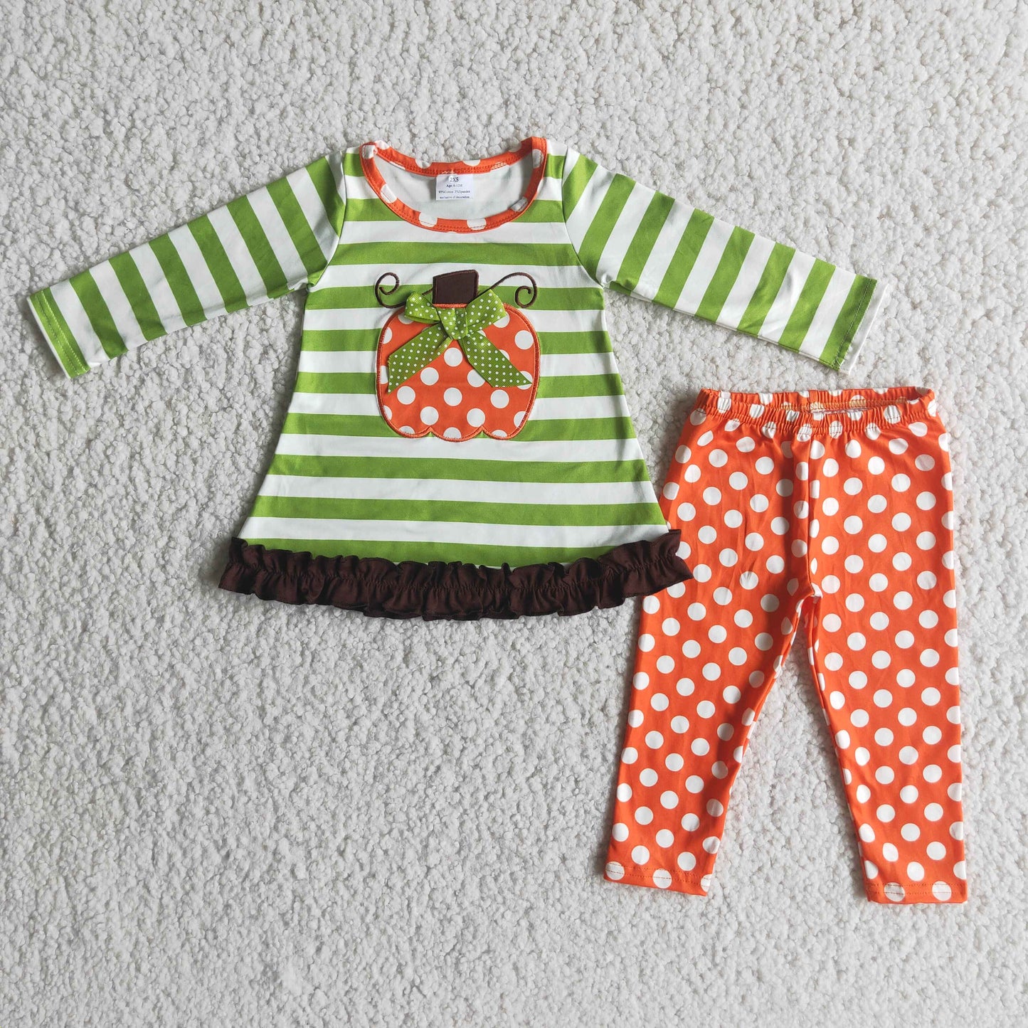 6 B4-3 Pumpkin Embroidery Green Stripes Top Dots Pants Girls Fall Clothes Set
