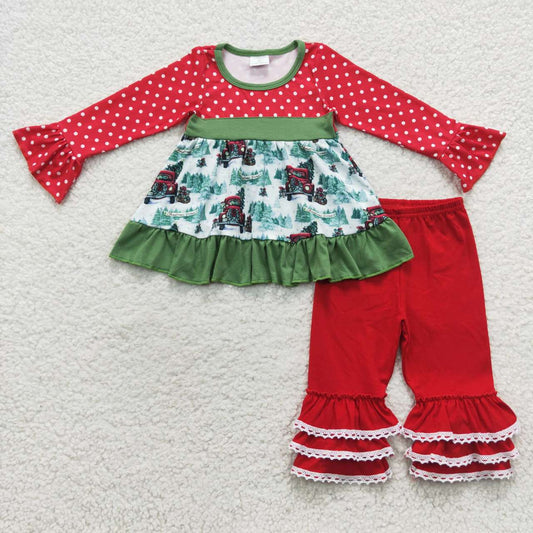 6 B5-16 Trucks Tree Dots Tunic Top Red Ruffle Pants Girls Christmas Clothes Set