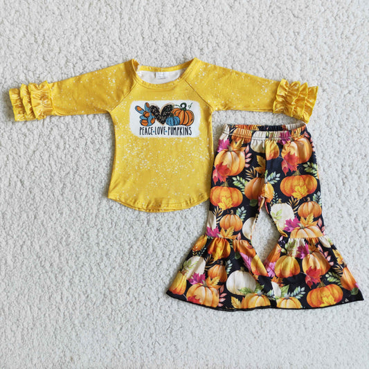 6 B5-4 Peace Love Pumpkin Yellow Top Bell Pants Girls Fall Clothes Set