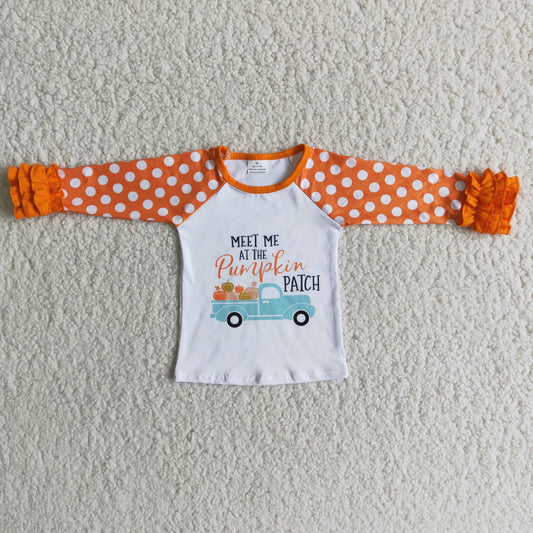 6 B6-31 Meet Me Pumpkin Tractor Girls Orange Long Sleeve Tee Shirts Tops