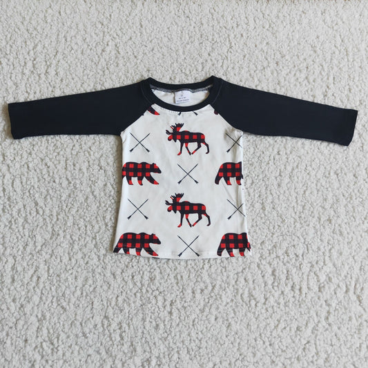 (Promotion)6 B6-32 Moose Print Boys Christmas Raglan Sleeve Tee Shirts Top
