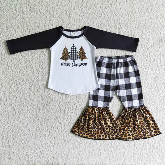 6 B8-18 Tree Top Checkered Leopard Bell Pants Girls Christmas Clothes Set
