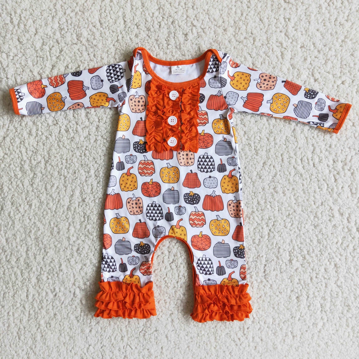 6 B8-20 Fall Pumpkin Orange Ruffle Baby Girls Romper