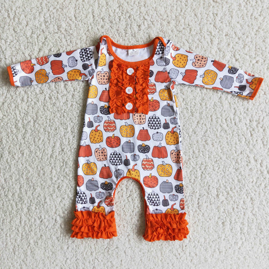 6 B8-20 Fall Pumpkin Orange Ruffle Baby Girls Romper