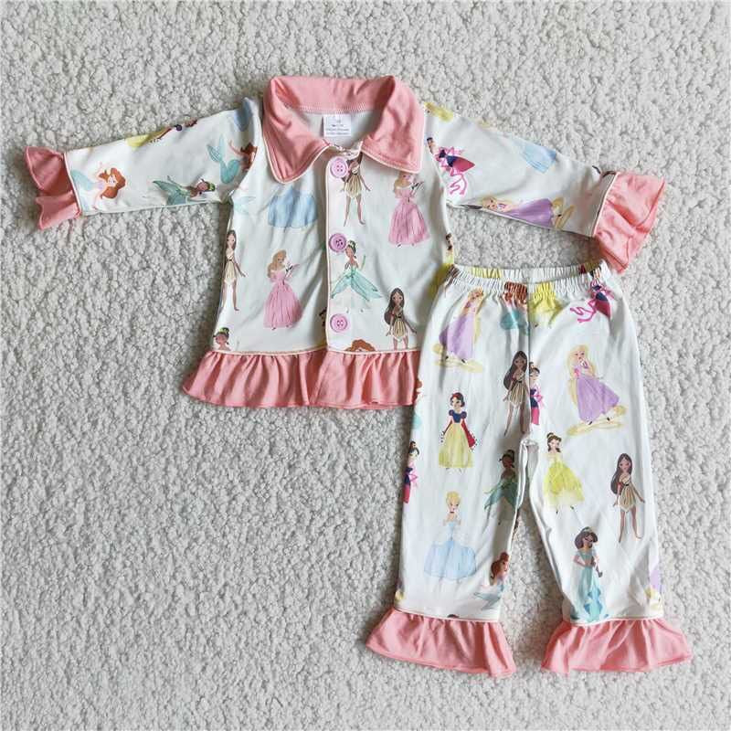 6 B9-23 Cartoon Princess Print Girls Christmas Button Pajamas Clothes Set