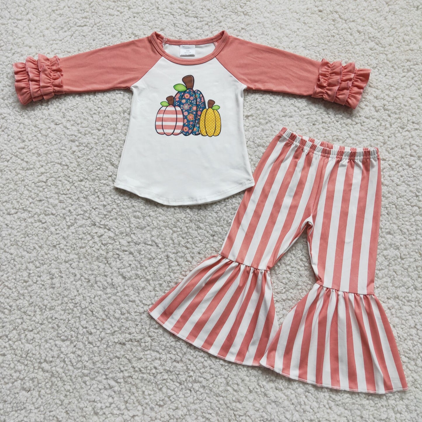 6 C6-21 Pumpkin Top Pink Stripes Bell Pants Girls Fall Clothes Set