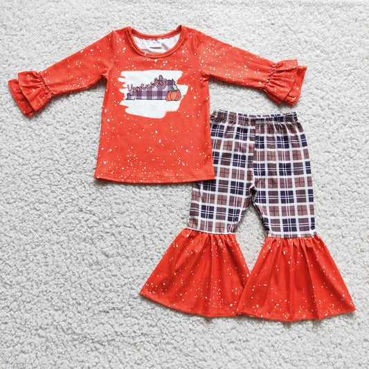 6 C7-18 Kentucky Pumpkin Orange Top Plaid Bell Pants Girls Fall Clothes Set