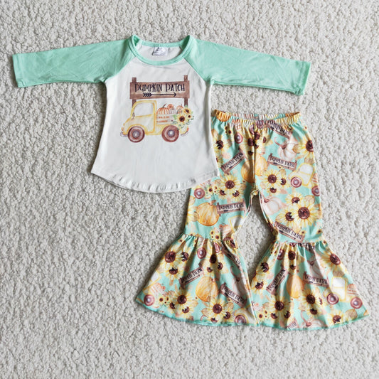6 C7-37 Pumpkin Patch Top Sunflowers Bell Pants Girls Fall Clothes Set