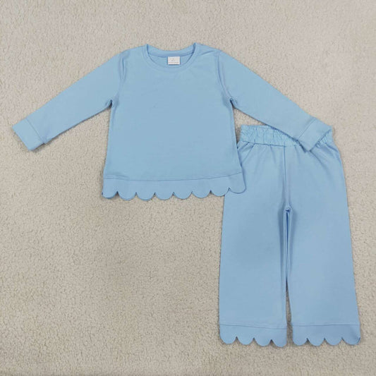GLP3292 Blue Cotton Scallop Edge Long Sleeve Pants Girls Fall Clothes Set