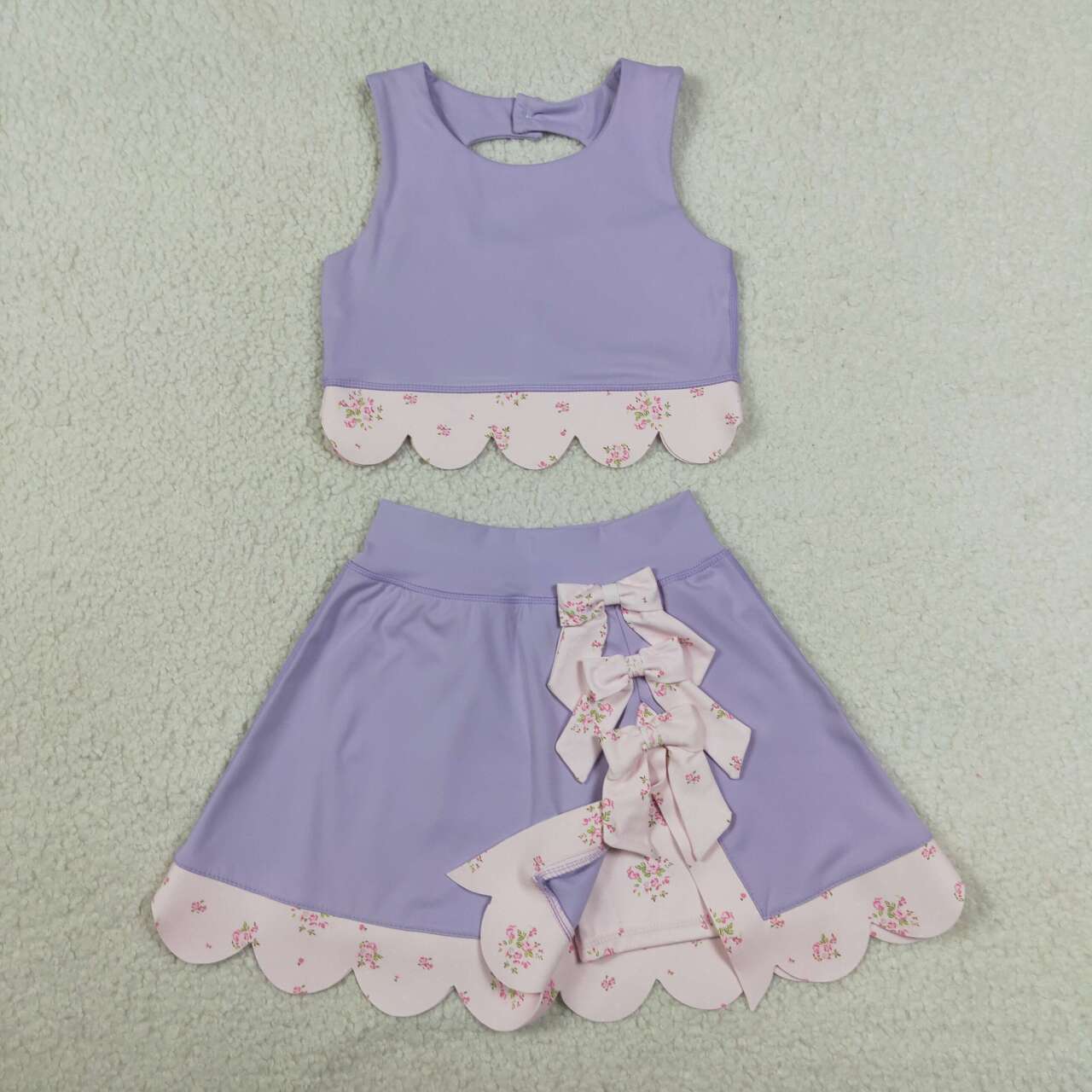 GSD3323 Purple Tank Top Bows Skort Girls Scallop Yoga Clothes Set