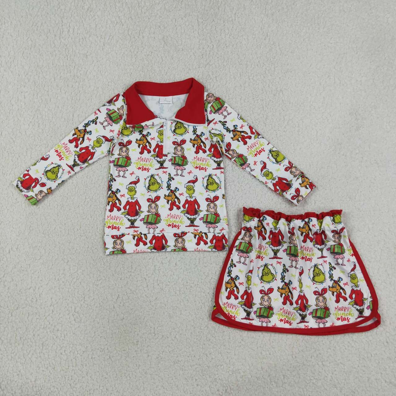 Girls Green Face Christmas Outfit - Half Zip Top & Skirt Set