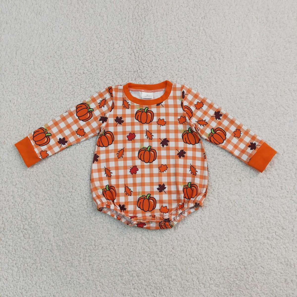 Baby Boys Fall Pumokin Gingham Long Sleeve Bubble Romper