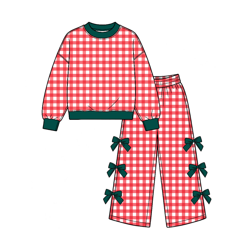 (Custom Design Preorder MOQ 5 Each) Checkered Print Long Sleeve Top Wide Leg Pants with Side Bows Girls Clothes Set Sisters Wear