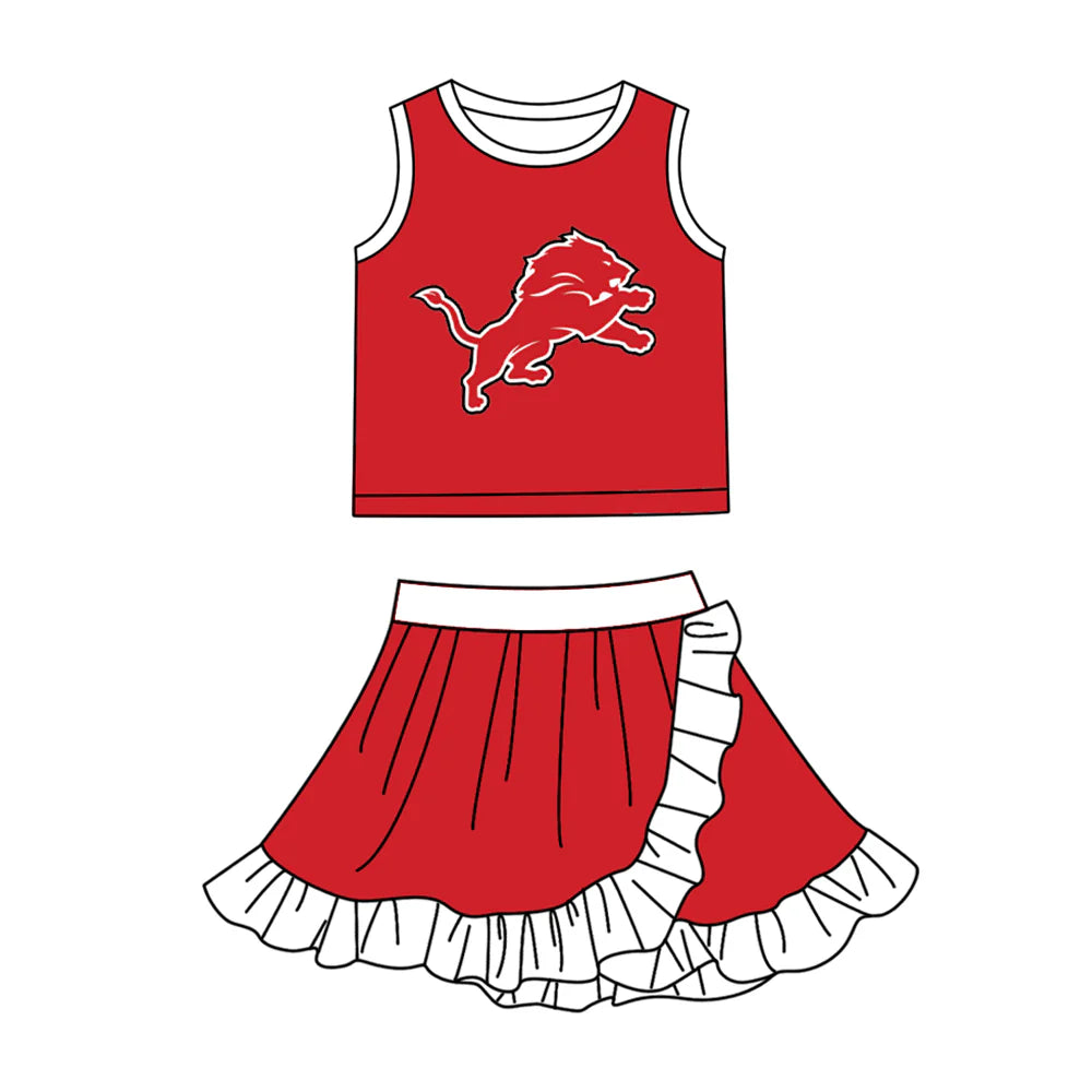 (Custom  Preorder MOQ 5) Baby Girls Red Detroit Lions Vest Top Ruffle Skirt Short Team Clothes Sets