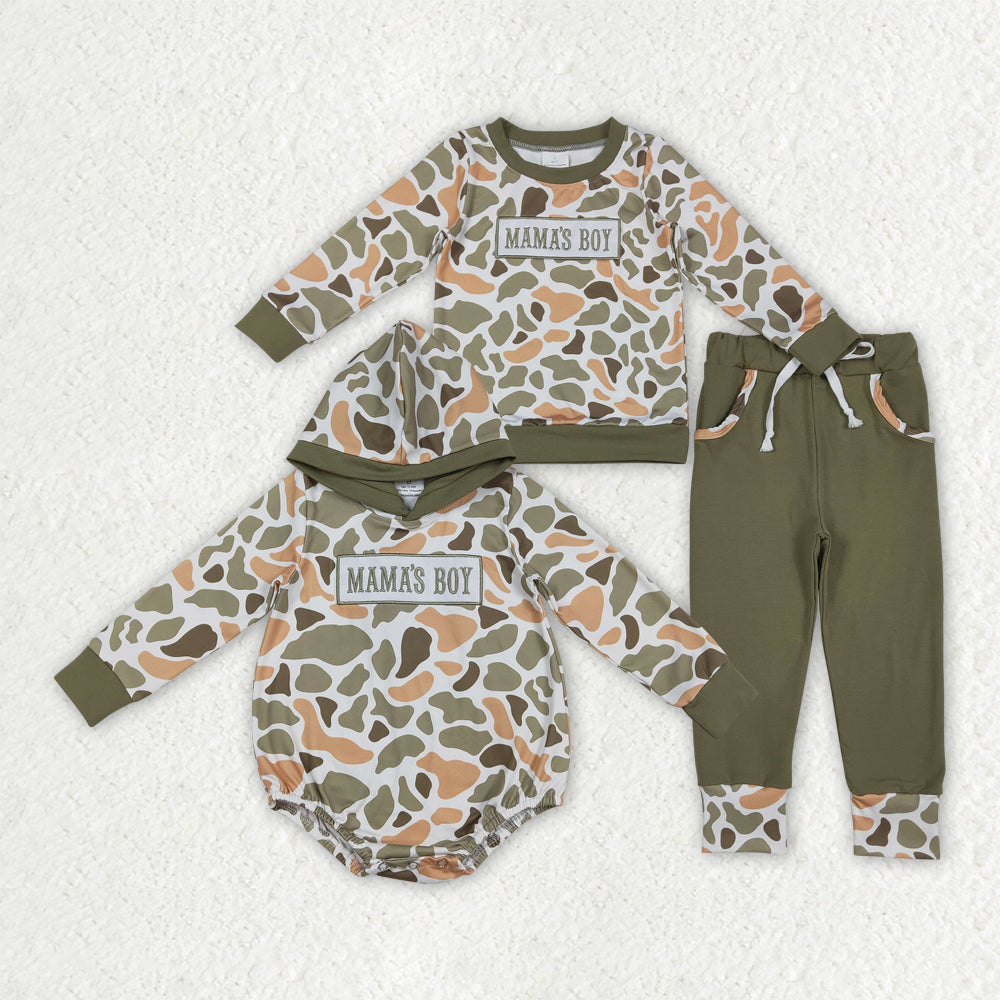 Sibling Baby Boys Embroidery Mama's Boy Green Camo Pockets Pant Clothes Sets Hoodie Romper