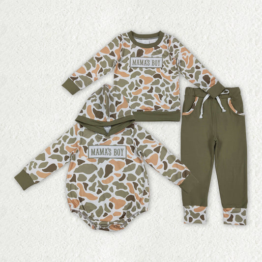 Sibling Baby Boys Embroidery Mama's Boy Green Camo Pockets Pant Clothes Sets Hoodie Romper