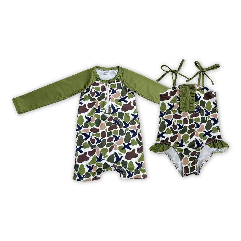Sibling Baby Girls Boys Green Camo Swimsuits
