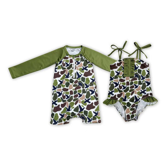 Sibling Baby Girls Boys Green Camo Swimsuits