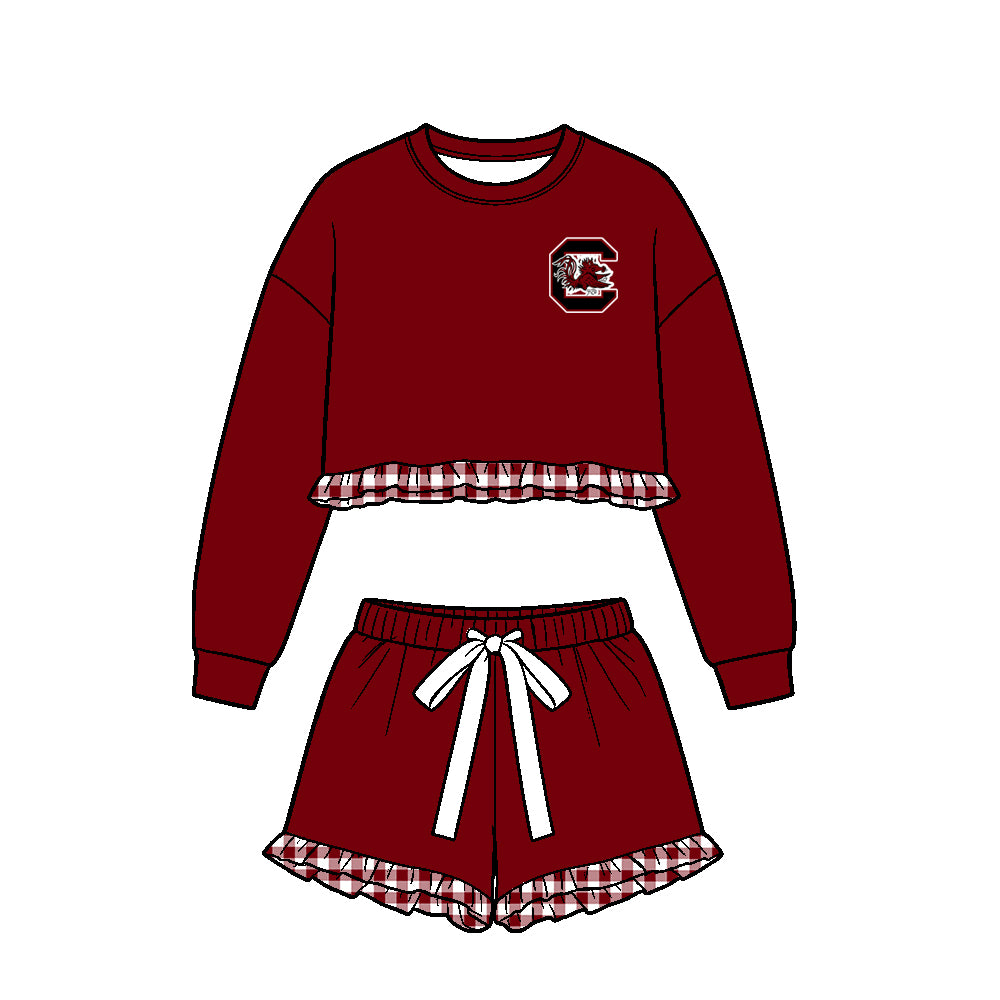 (Custom Design Preorder MOQ 5 Each)Teams Logo Print Long Sleeve Top Shorts Girls Clothes Set Sisters Wear