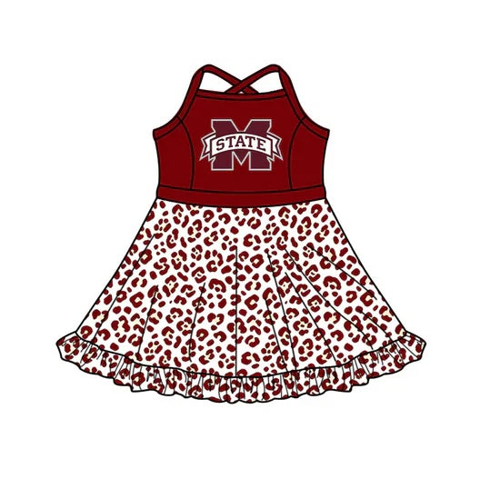 Preorder (moq 5) Baby Girls Sport Team Striped State  Leopard Dress