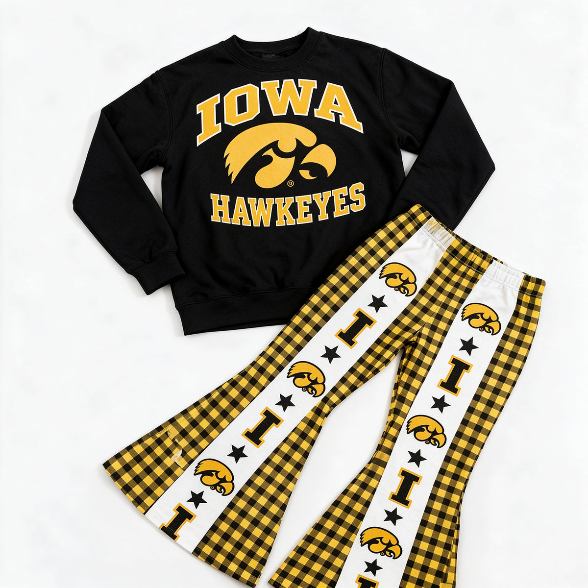 (Custom Design Preorder MOQ 5 Each) Baby Girls Sprot Team Iowa Bell Bottom Pants Outfit