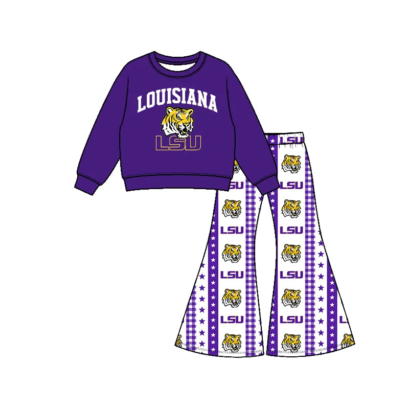 Preorder( 5  MOQ) Baby Girls Sport Team Louisiana Long Sleeve Top Bell Bottom Pants Outfit