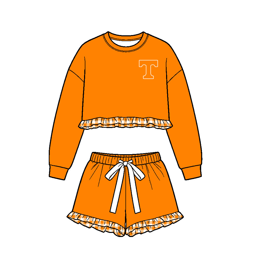 (Custom Design Preorder MOQ 5 Each)Teams Logo Print Long Sleeve Top Shorts Girls Clothes Set Sisters Wear