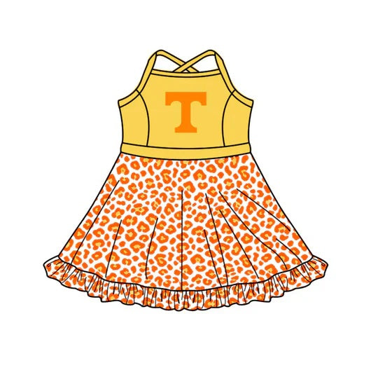 Preorder (moq 5) Baby Girls Sport Team Striped  Orange Leopard Dress